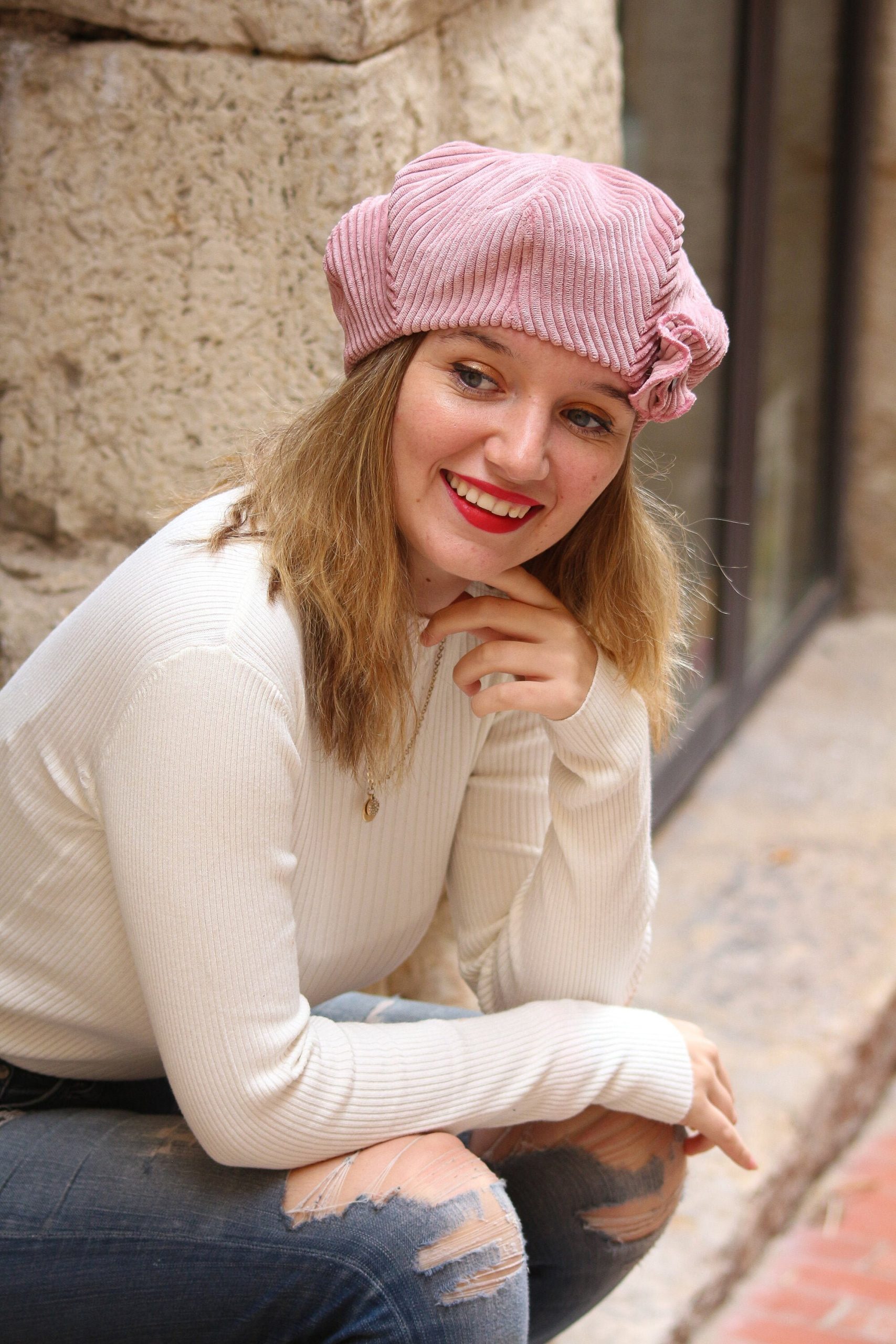 Corduroy Beret with Button Accent