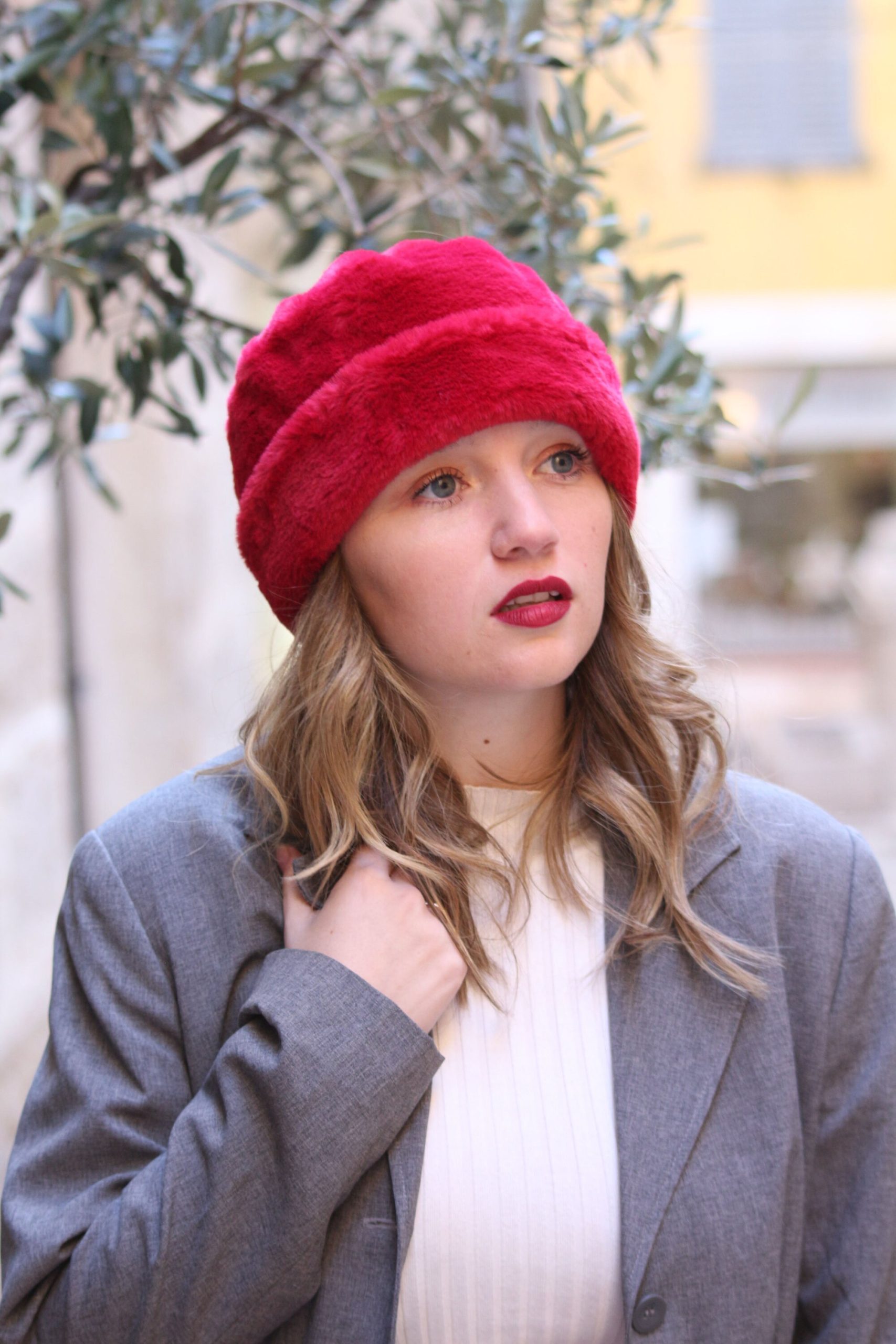 Red plush faux fur hat