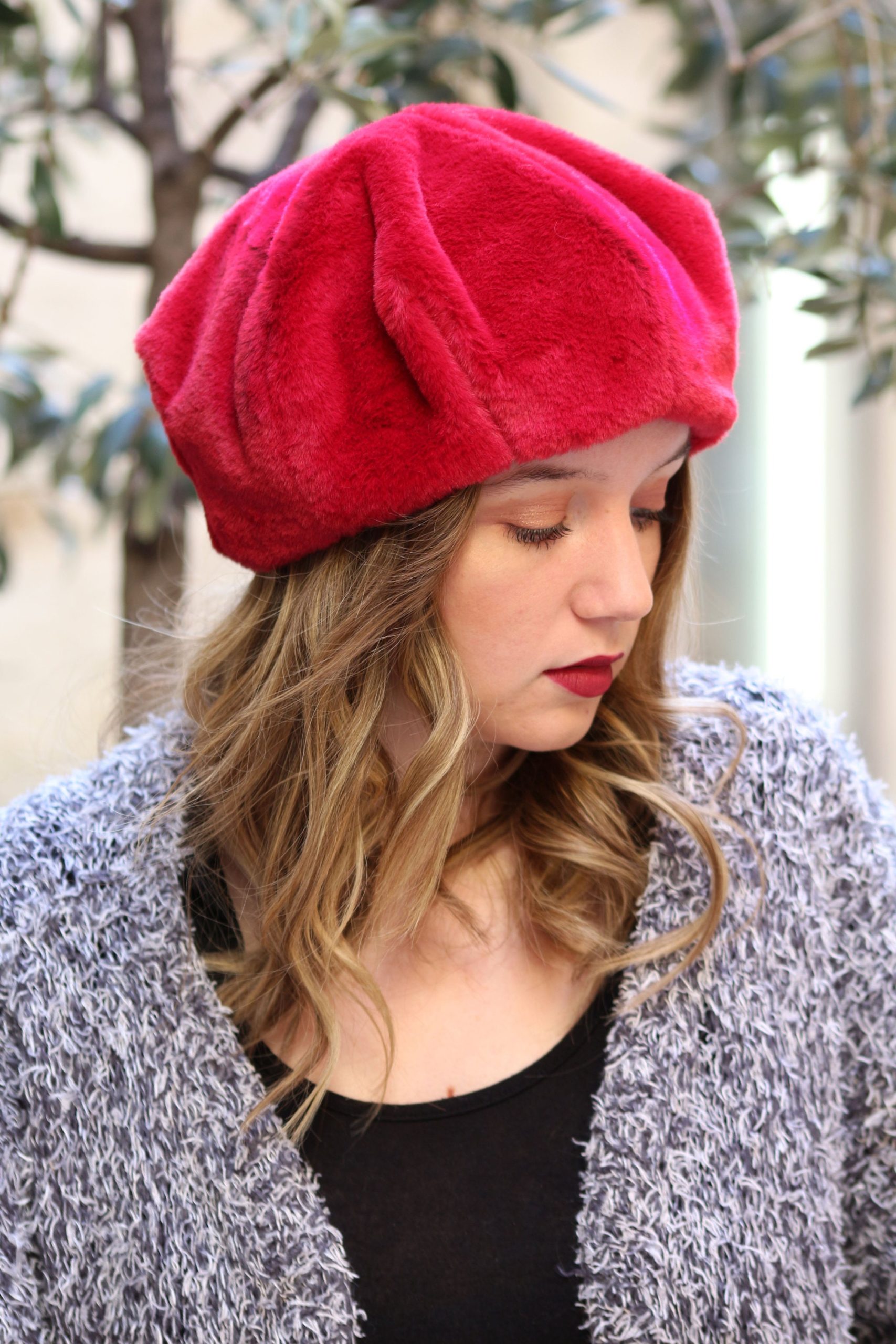 Red Plush Faux Fur Beret