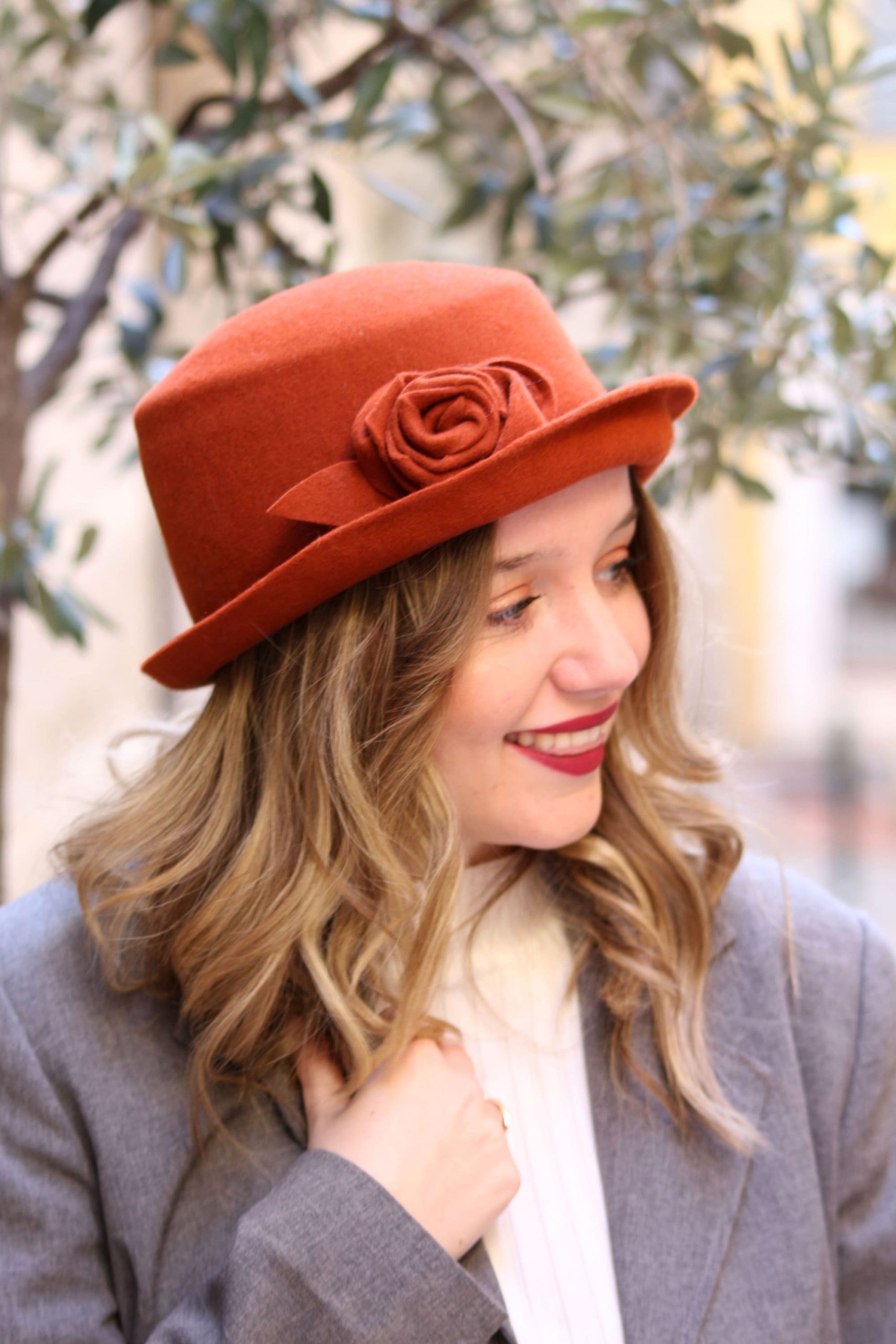 Wool Felt Hat with Rose Accent