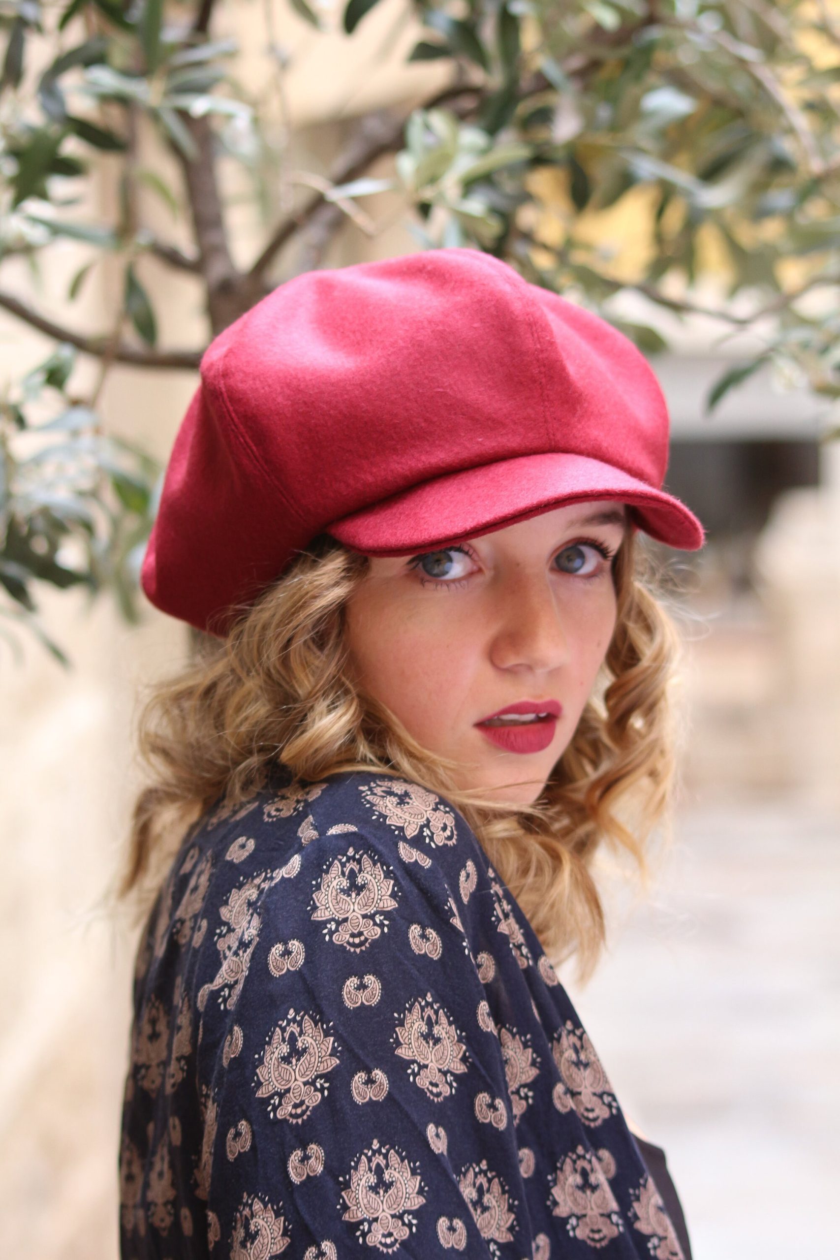 Red wool blend newsboy cap