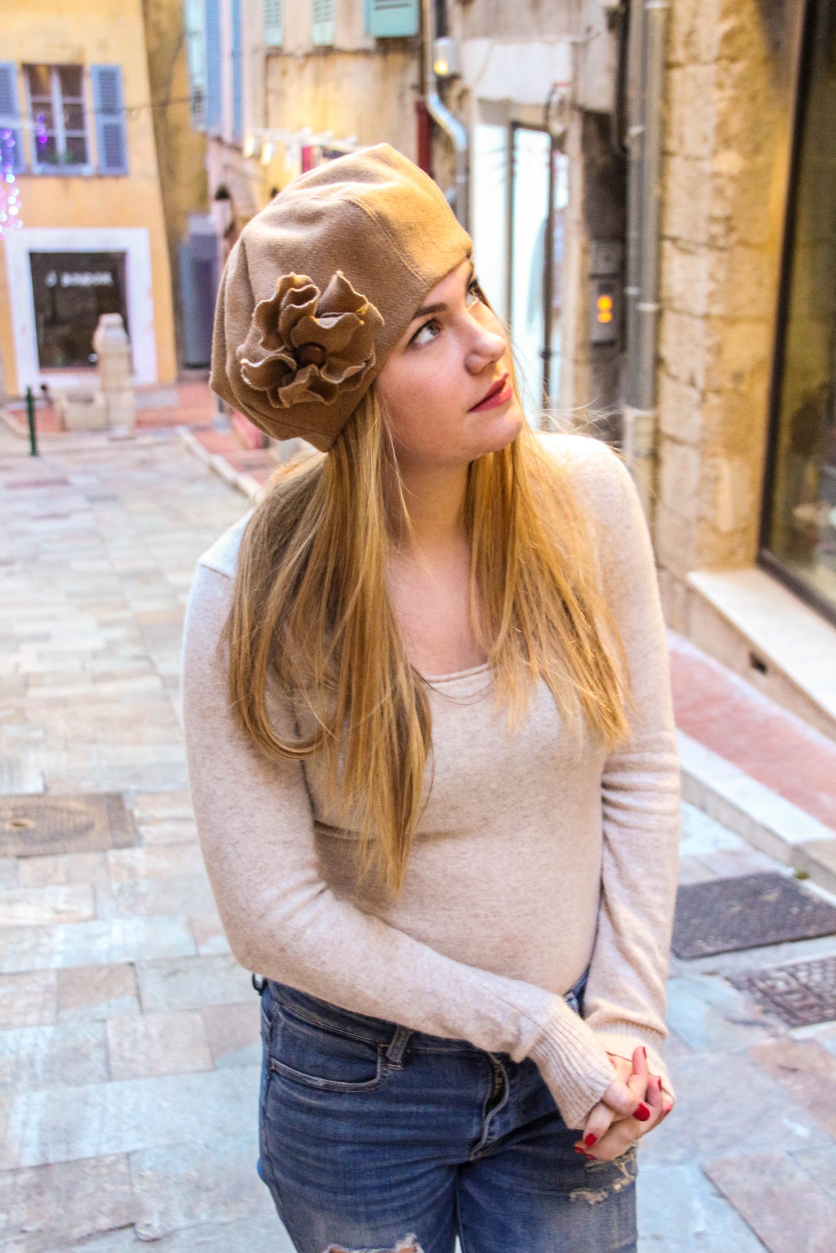 Wool Beret with Floral Accent