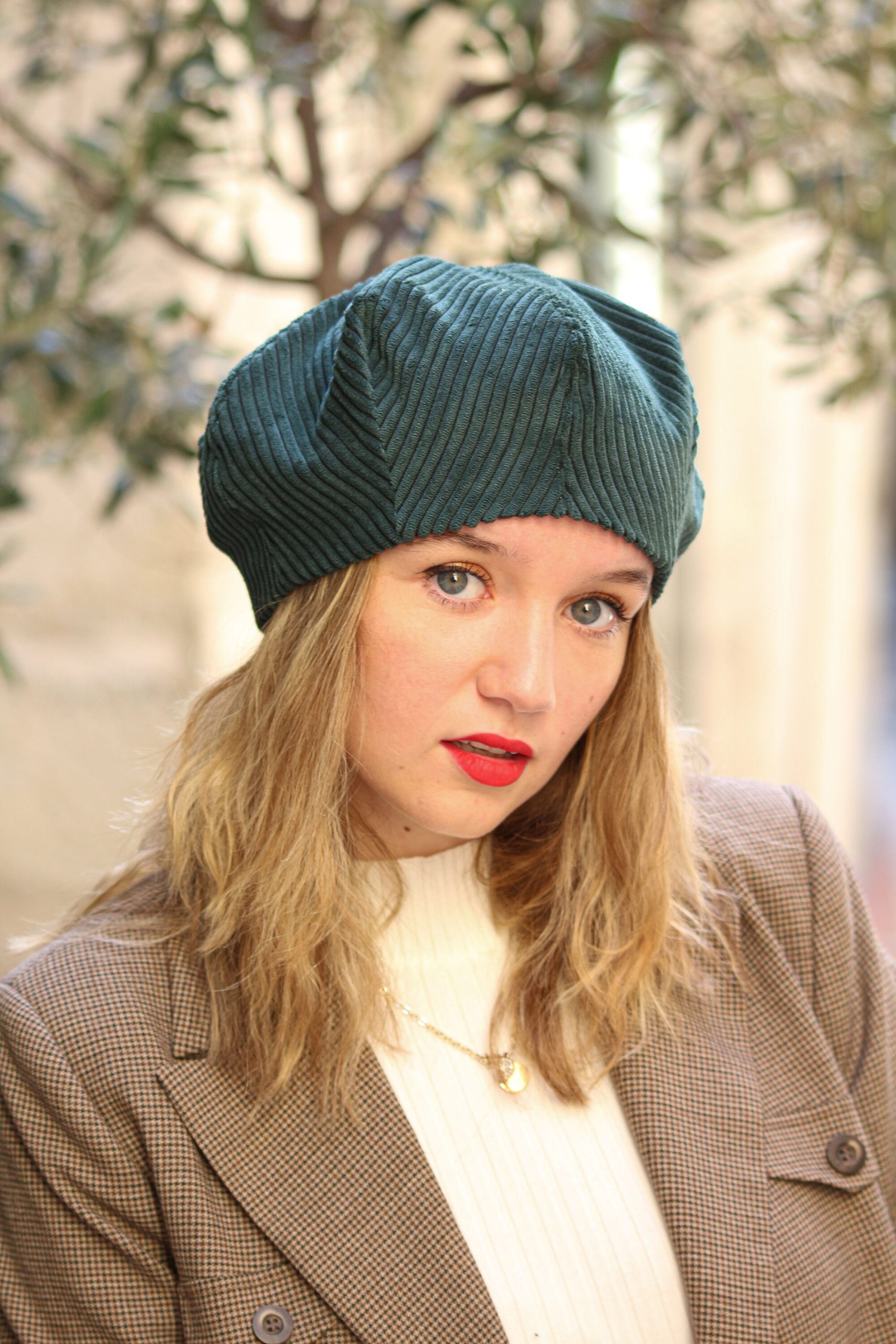 Elegant Forest Green Corduroy Beret